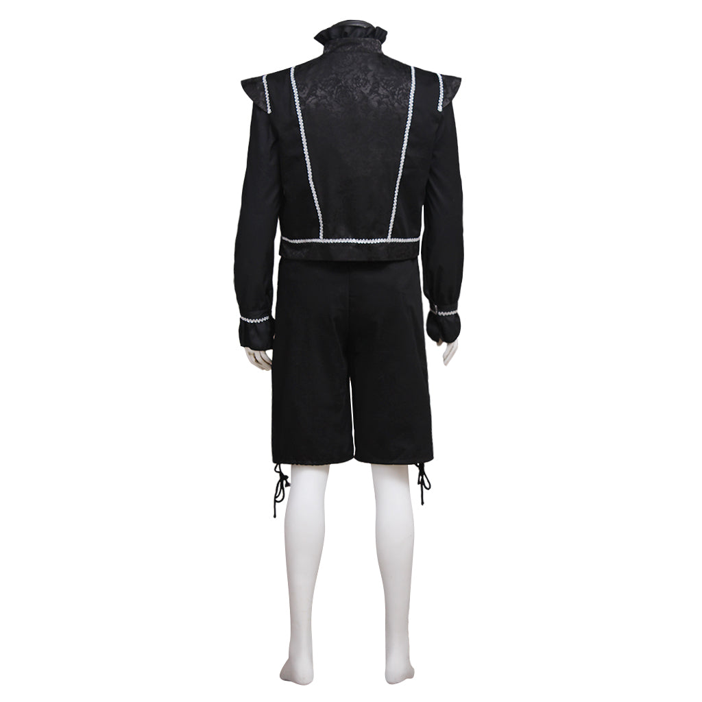 Medieval Men's Black Embellished Jacket with Silver Accents and Black Breeches Costume for Cosplay Renaissance Halloween Themed Events
