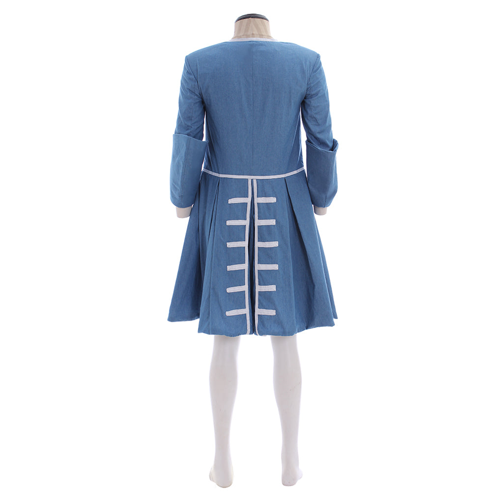 Medieval Men's Blue Long Coat with White Striped Trim and Gold Accents for Cosplay or Themed Events Halloween Christmas or Themed Parties