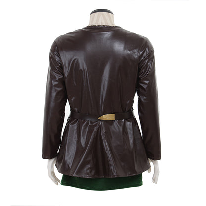 Medieval Men's Brown Leather Jacket with Black Belt and Green Lining Costume for Cosplay Themed Events Halloween Christmas or Themed Parties