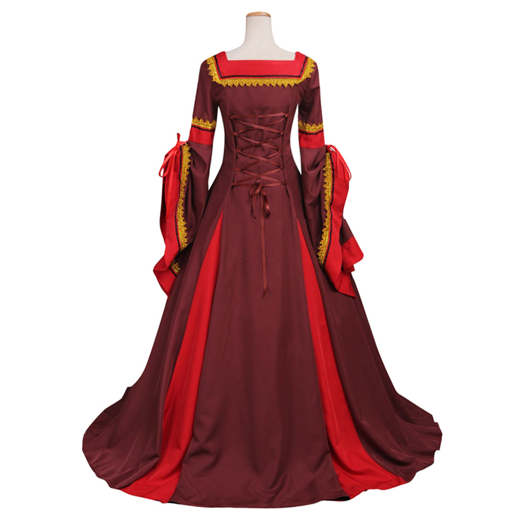 Medieval Women Renaissance Victorian Cosplay Costume Flared Long Sleeve Contrast Trimmed Color Block Burgundy Red Gown Adult Ladies Halloween Christmas Dress