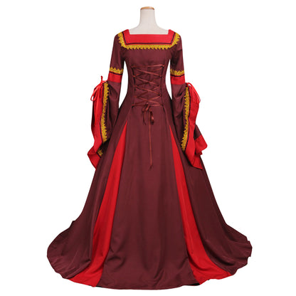 Medieval Women Renaissance Victorian Cosplay Costume Flared Long Sleeve Contrast Trimmed Color Block Burgundy Red Gown Adult Ladies Halloween Christmas Dress