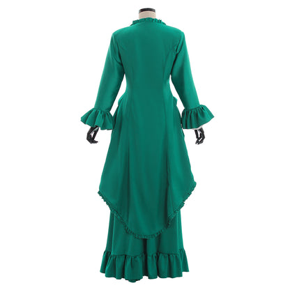 Medieval Women Renaissance Green Cosplay Costume Adult Vintage Court Button Up Ruffled Sleeve Square Neck Maxi Dress Ladies Halloween Christmas Square Neck Maxi Dress