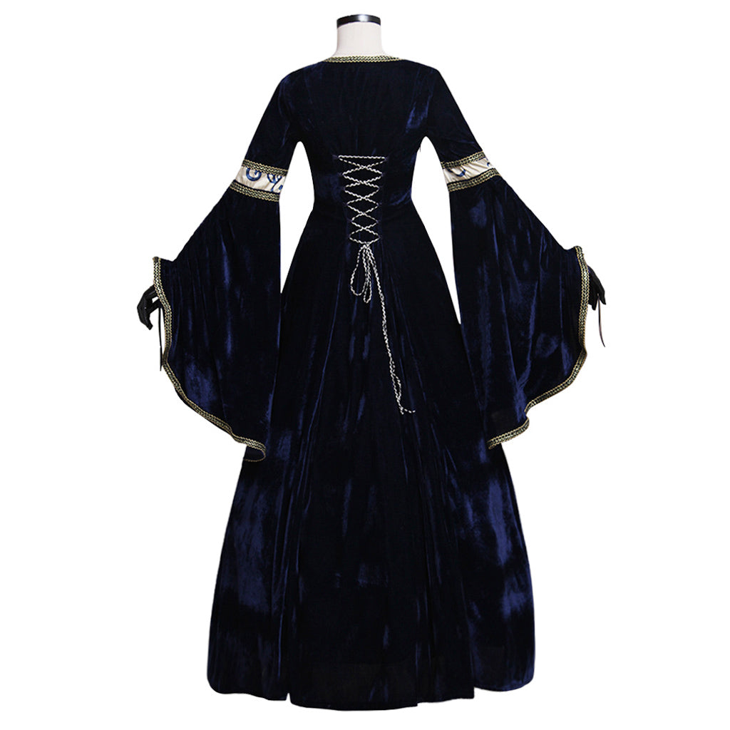 Medieval Vintage Regency Dress Square Neck Navy Blue Cream Patterned Gown Medieval Cosplay Costume Long Sleeve With Trim Renaissance Gown Women Cosplay Costume Adult Ladies Halloween Christmas Dres