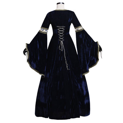 Medieval Vintage Regency Dress Square Neck Navy Blue Cream Patterned Gown Medieval Cosplay Costume Long Sleeve With Trim Renaissance Gown Women Cosplay Costume Adult Ladies Halloween Christmas Dres