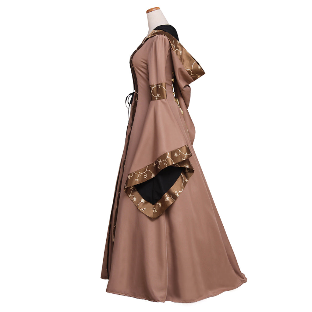 Medieval Women Renaissance Brown Cosplay Costume Adult Ancient Gown With Lace - Up Bell Sleeves Norse Gothic Ladies Halloween Christmas Dress