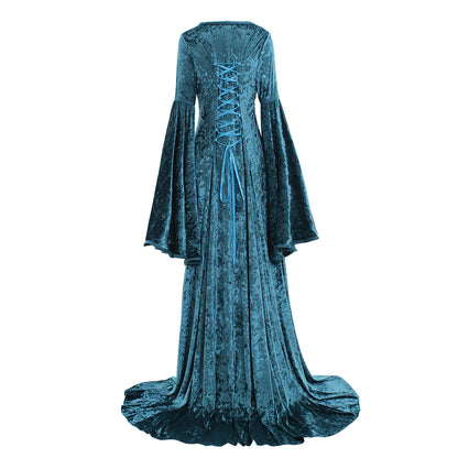 Medieval Women Renaissance Teal And Gray Cosplay Costume Adult Vintage Court Lace Up Flared Sleeve Square Neck Maxi Dress