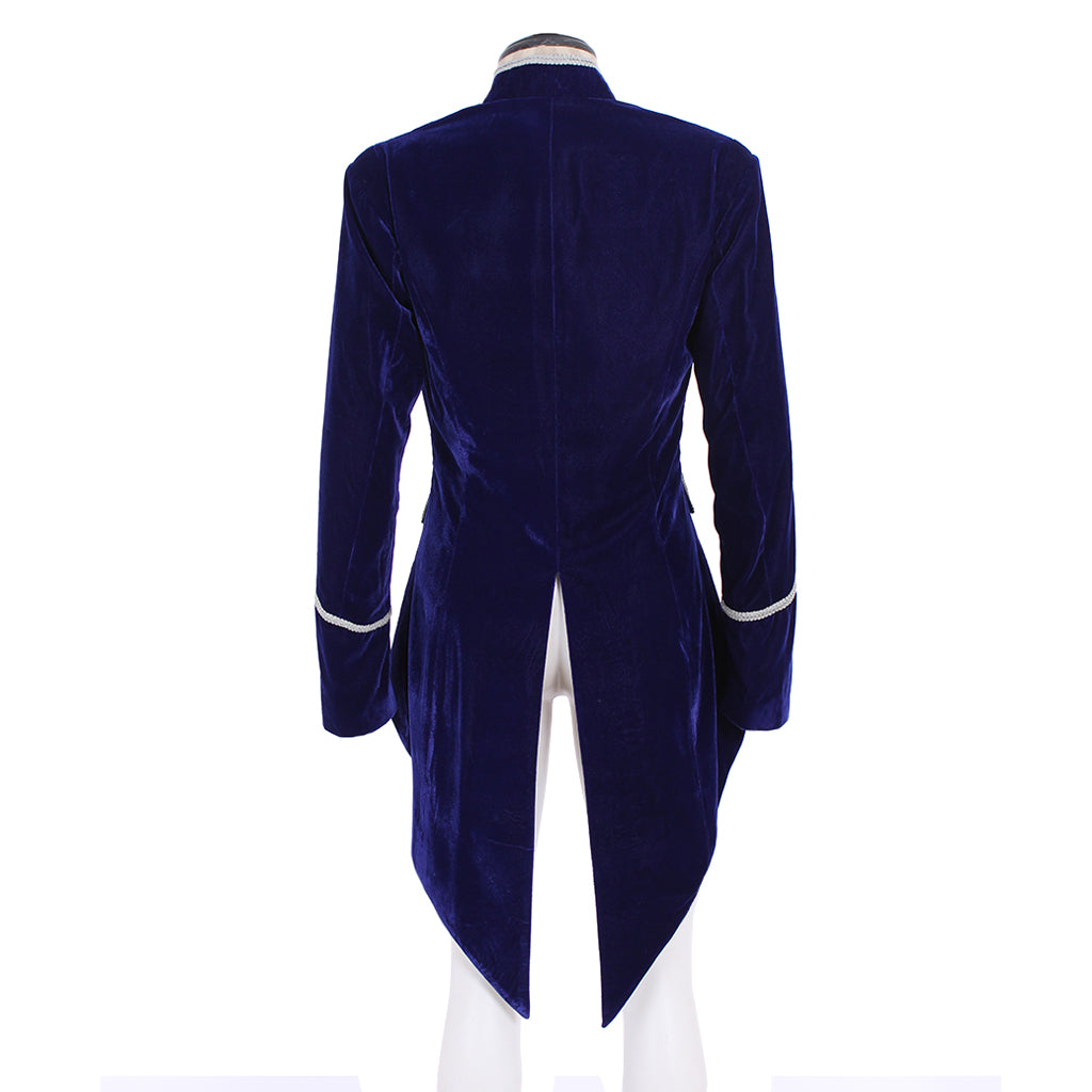 18th Century European Rococo Style Gentleman’s Tailcoat with Navy Blue Velvet and White Trim for Historical Reenactments Cosplay Events Halloween Christmas or Parties