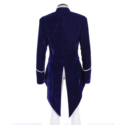 18th Century European Rococo Style Gentleman’s Tailcoat with Navy Blue Velvet and White Trim for Historical Reenactments Cosplay Events Halloween Christmas or Parties