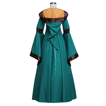 Medieval Vintage Regency Dress Square Neck Teal Brown Gown With Brown Trim Long Flared Sleeve Renaissance Cosplay Costume Adult Ladies Halloween Christmas Dress