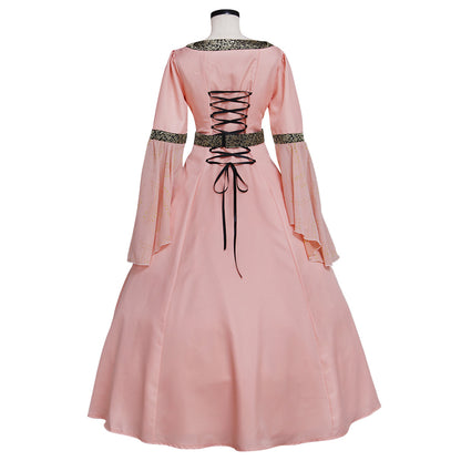 Medieval Women Renaissance Victorian Cosplay Costume Long Sleeve Embroidered Tie Waist Pink Gown Adult Ladies Halloween Christmas Dress