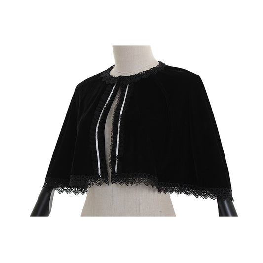 Medieval Gothic Black Velvet Short Cloak with Lace Trim & White Ruffled Accents Women’s Renaissance Vintage Cosplay Capelet