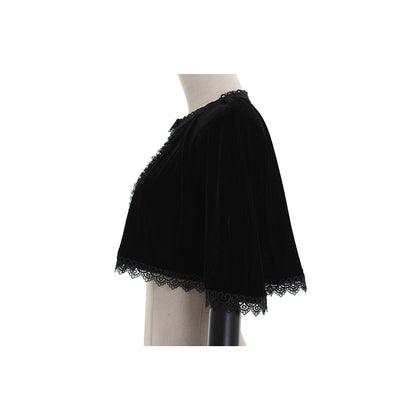 Medieval Gothic Black Velvet Short Cloak with Lace Trim & White Ruffled Accents Women’s Renaissance Vintage Cosplay Capelet