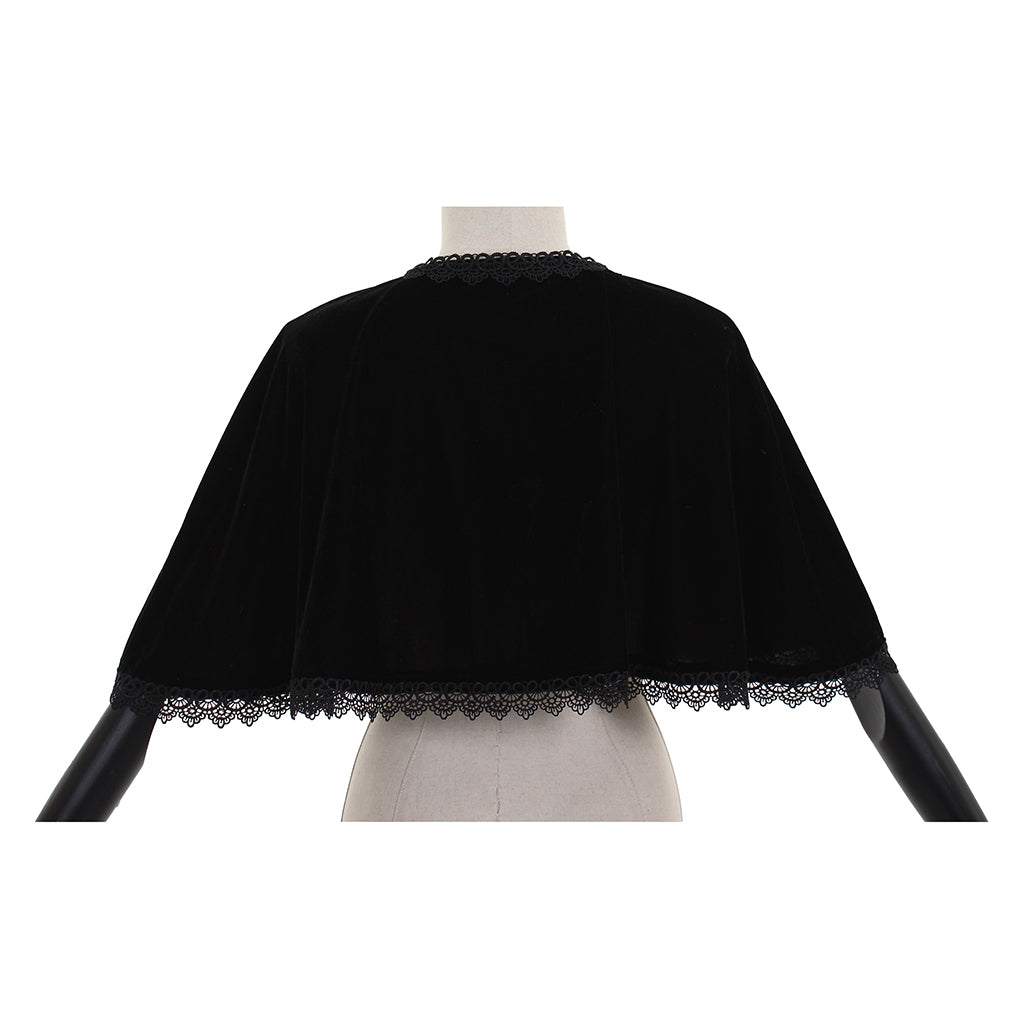 Medieval Gothic Black Velvet Short Cloak with Lace Trim & White Ruffled Accents Women’s Renaissance Vintage Cosplay Capelet