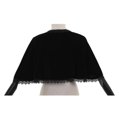 Medieval Gothic Black Velvet Short Cloak with Lace Trim & White Ruffled Accents Women’s Renaissance Vintage Cosplay Capelet