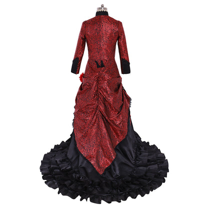 Victorian Rococo Medieval Floor Length Dress Ball Gown Party Costume Princess Patterned Ball Gown Long Sleeve Red Black Women's Halloween Carnival Party Evening Dress Valentine's DayParty Masquerade Adults' Dress All