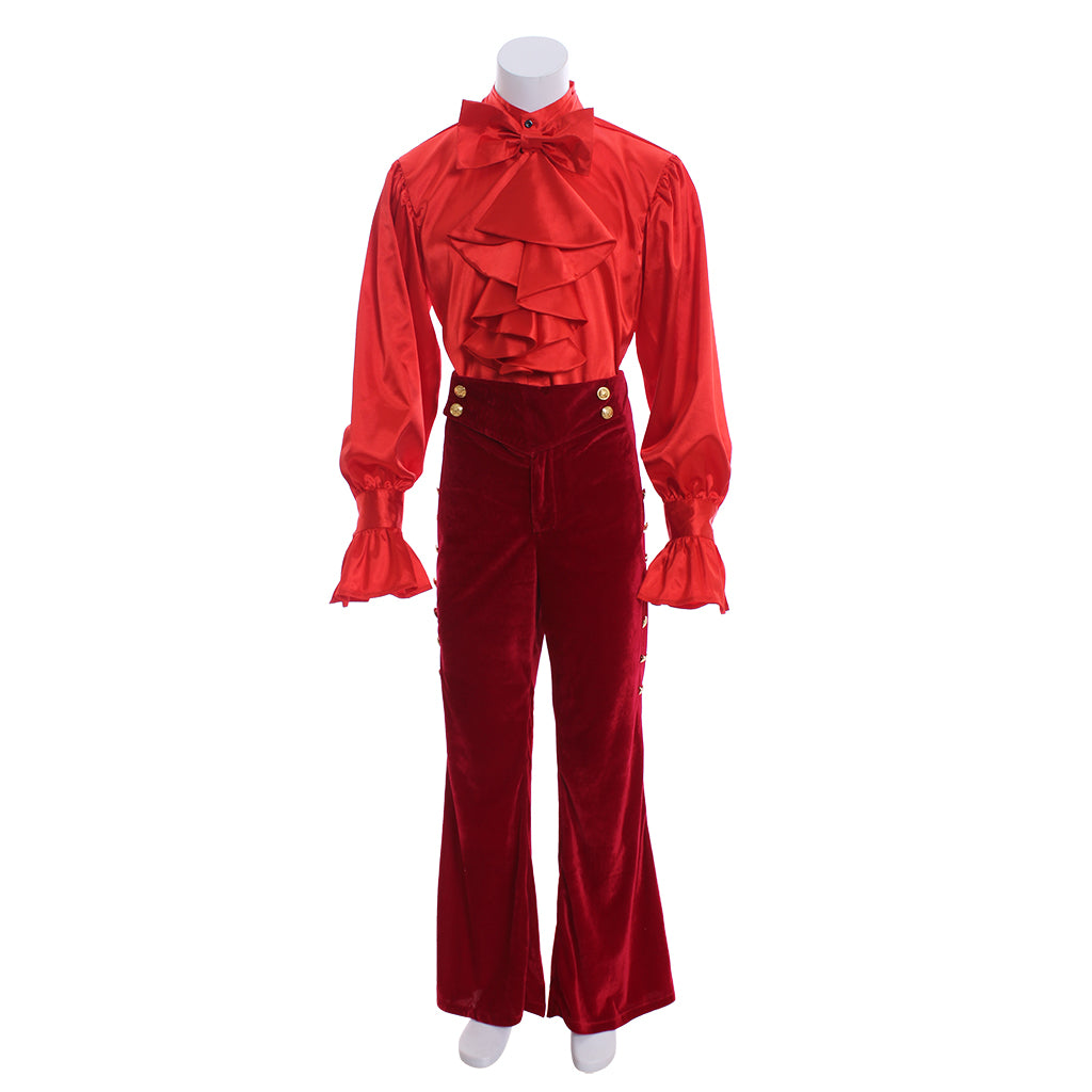Medieval Men's Red Velvet Long Coat with Gold Trim Ruffled Collar and Cuffs  Matching Pants Costume for Cosplay Themed Events Halloween Christmas or Parties