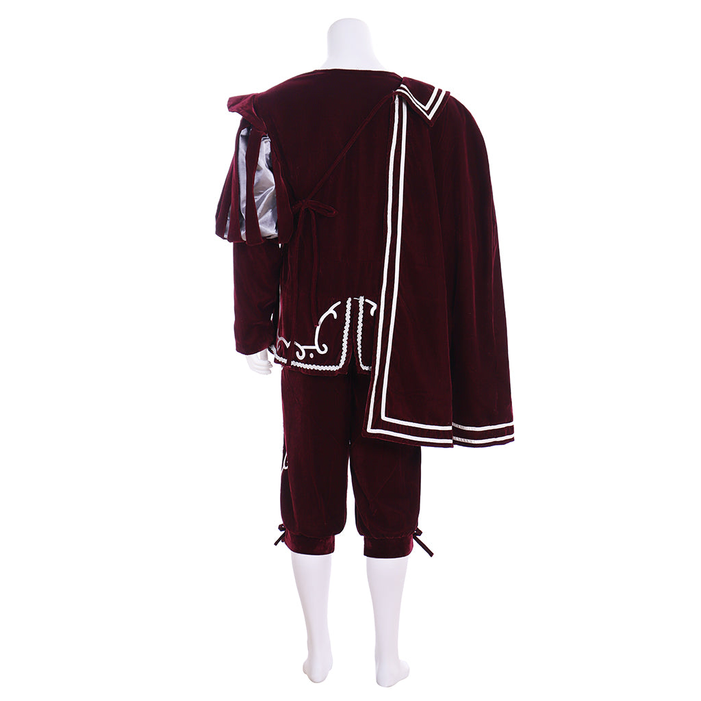 Renaissance Men's Maroon Jacket with White Trim and Cloak Tudor-style and Maroon Breeches for Cosplay or Themed Events Halloween Christmas or Themed Parties