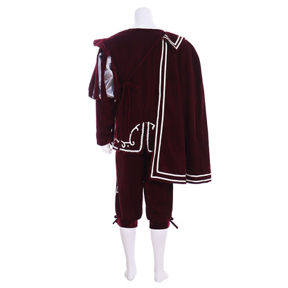 Renaissance Men's Maroon Jacket with White Trim and Cloak Tudor-style and Maroon Breeches for Cosplay or Themed Events Halloween Christmas or Themed Parties