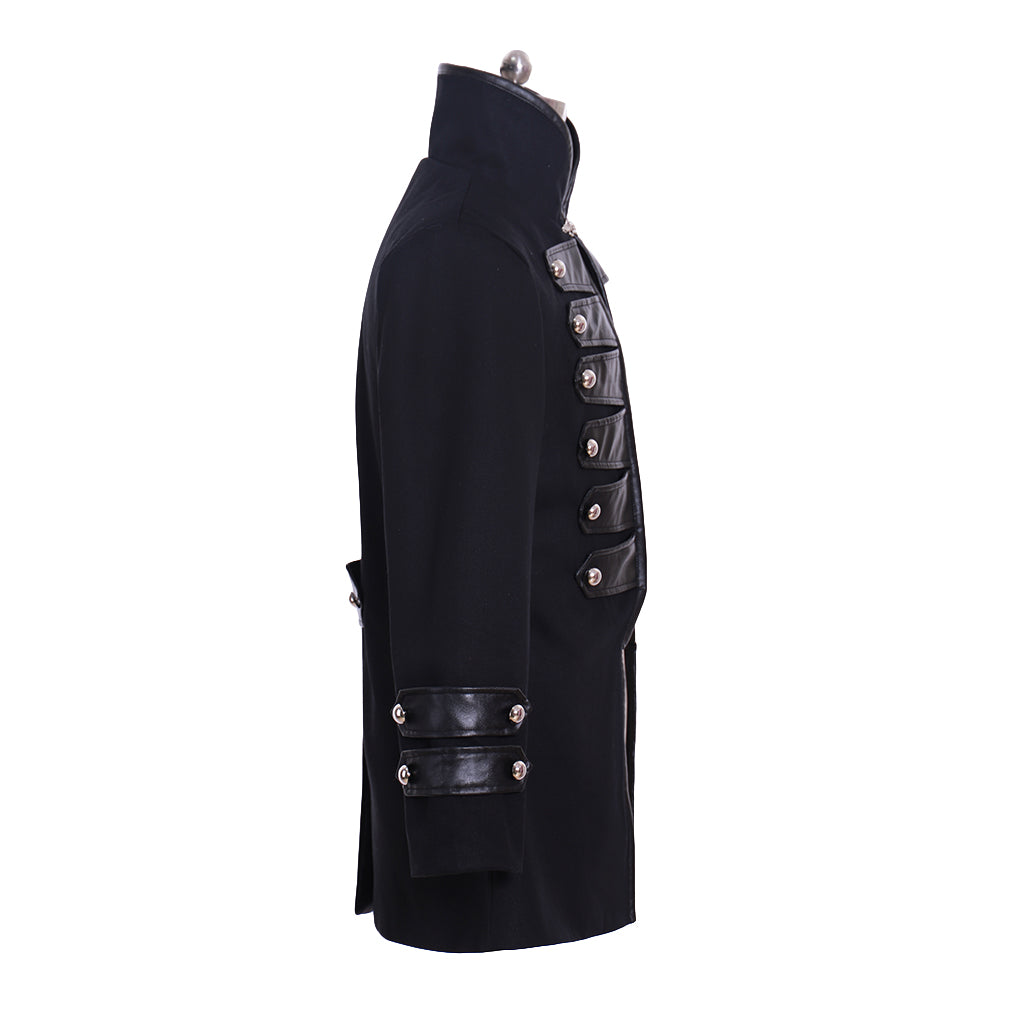 Medieval Black Military Style Coat with Leather Panels and Silver Button Detailing  for Historical Reenactments Cosplay Events Halloween Christmas or Parties