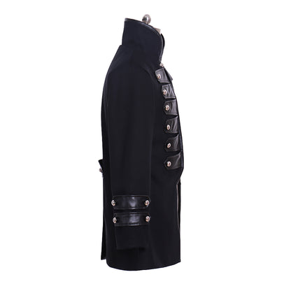 Medieval Black Military Style Coat with Leather Panels and Silver Button Detailing  for Historical Reenactments Cosplay Events Halloween Christmas or Parties
