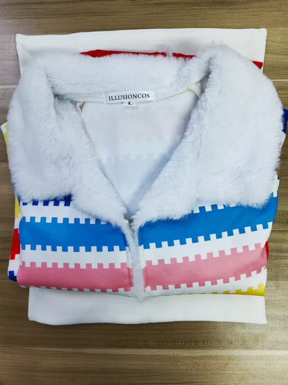 ILLUSIONCOS Movie Ken Cosplay 2023 Ken Rainbow Shirt Costume Wocloey Allan Striped Shirt With Fleece Collar 80s Button Down Beach Shirts Hawaiian Shorts Sleeves Cloth