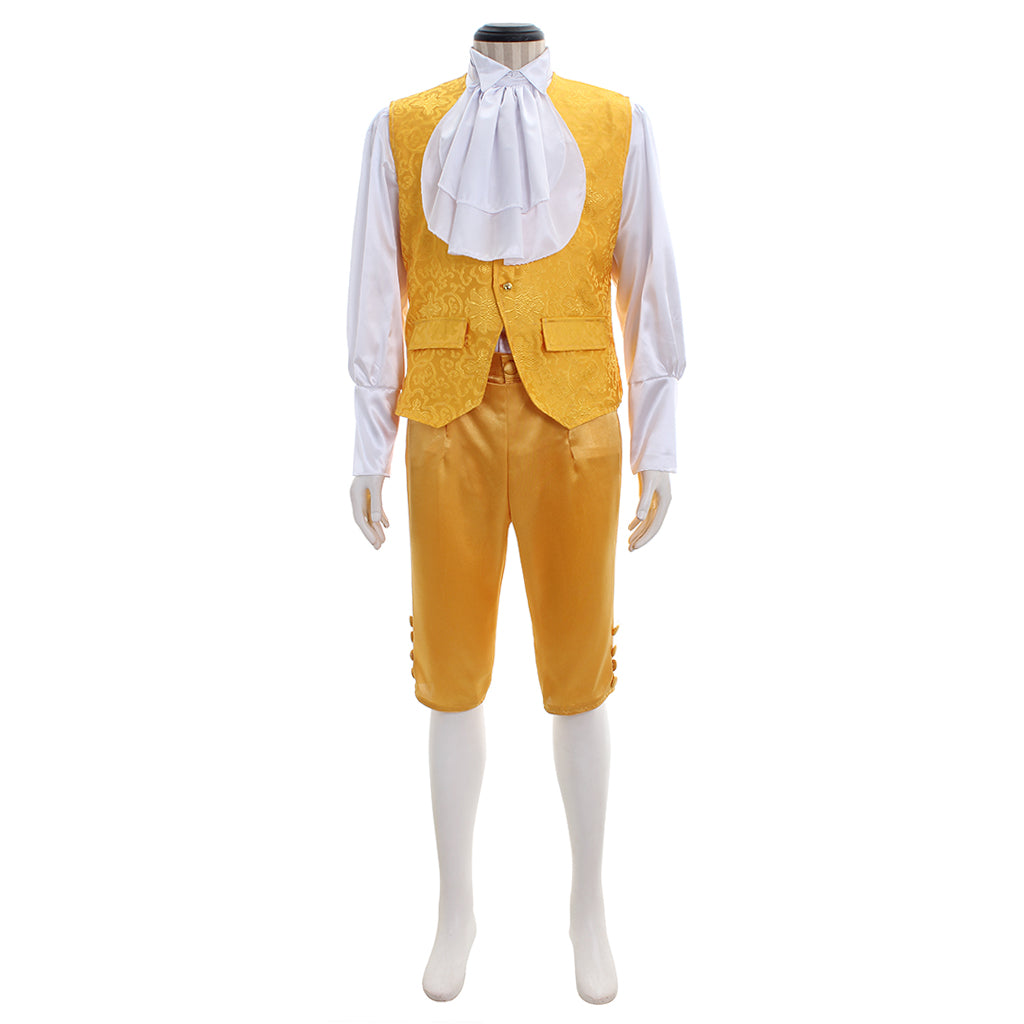 Medieval Men's Gold Court Suit with White Ruffle and Ornate Design Costume for Cosplay Themed Events Halloween Christmas or Themed Parties