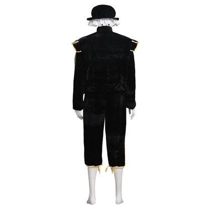Medieval Men's Black Coat with Gold Trim, White Collar and Black Breeches with Hat Costume for Cosplay Themed Events Halloween Christmas or Themed Parties
