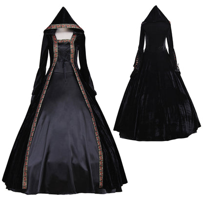 Medieval Women Renaissance Victorian Cosplay Costume Flared Long Sleeve Brown Trimmed Color Block Black Lace Up Gown Adult Ladies Halloween Christmas Dress