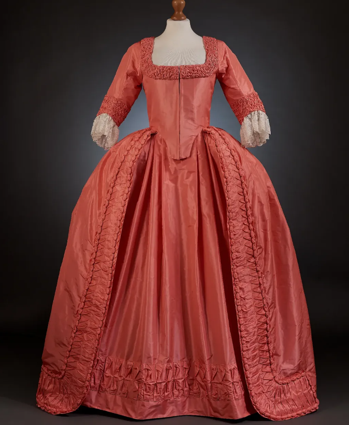 Rococo Style Coral Satin Gown with Elaborate Lace Embellishments and Layered Skirt for Historical Reenactments Halloween Christmas