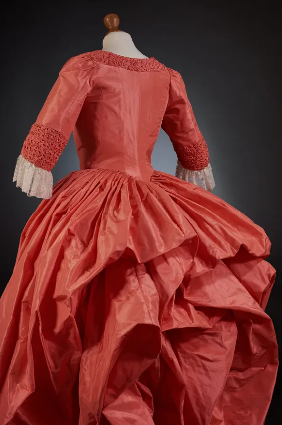 Rococo Style Coral Satin Gown with Elaborate Lace Embellishments and Layered Skirt for Historical Reenactments Halloween Christmas