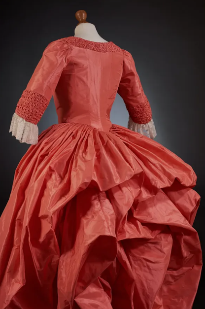 Rococo Style Coral Satin Gown with Elaborate Lace Embellishments and Layered Skirt for Historical Reenactments Halloween Christmas