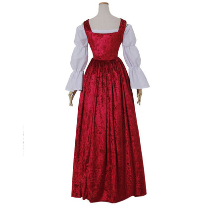 Medieval Renaissance Women's Red and White Cosplay Dress with Square Neck, Puff Sleeves, Button Front and Contrast Trim Gothic Ladies Halloween Party Outerwear