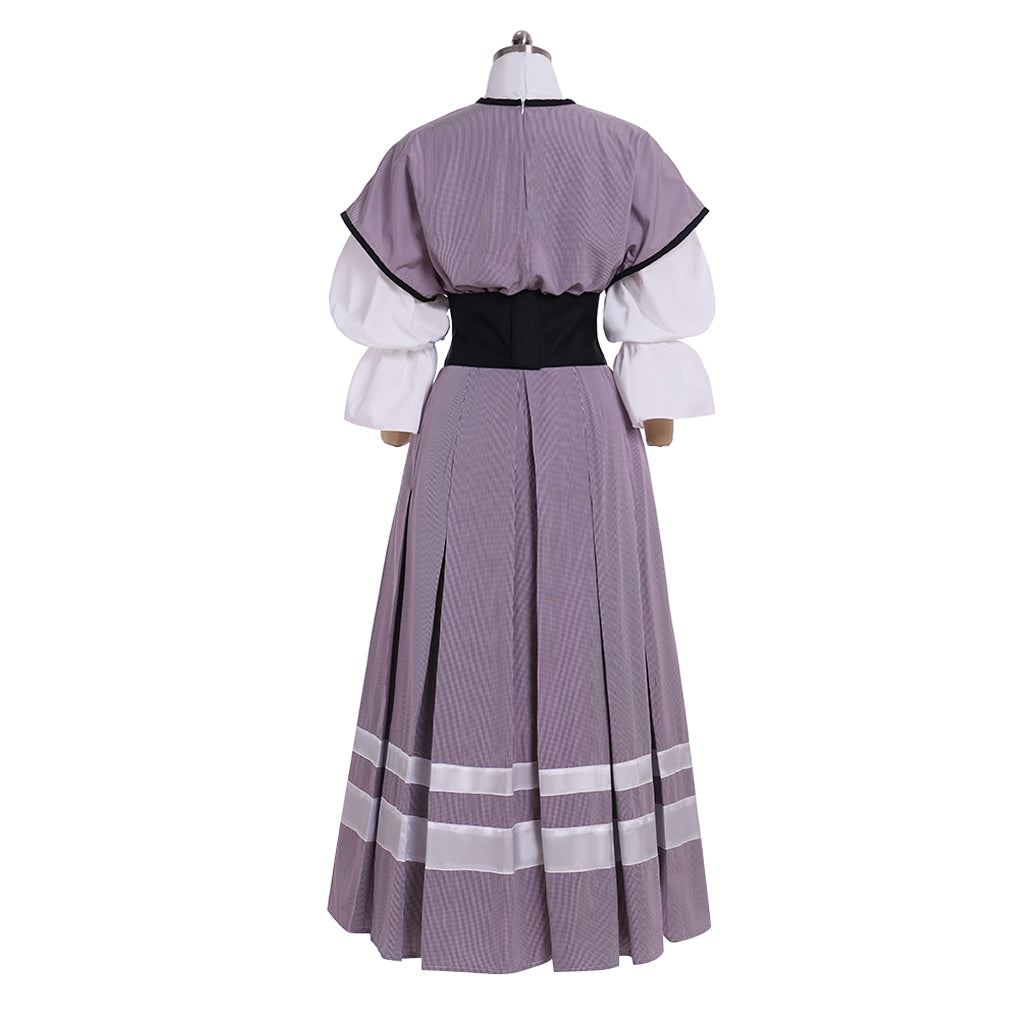 Medieval Women Renaissance Purple With White Stripes And Black Belt Cosplay Costume Adult Vintage Court Puff Sleeve High Waist Maxi Dress Ladies Halloween Christmas