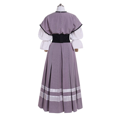 Medieval Women Renaissance Purple With White Stripes And Black Belt Cosplay Costume Adult Vintage Court Puff Sleeve High Waist Maxi Dress Ladies Halloween Christmas