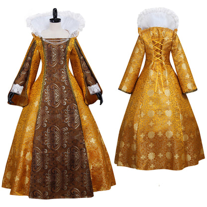 Anne Boleyn Dress Costume Tudor Queen Dress Queen Elizabeth Ball Gown Dresss Costume Prom Outfit Gold Brown Ornate Pattern Ruffled Collar Cuffs Women's Halloween Carnival Valentine's Day Party Evening Dress Masquerade Adults' Dress All