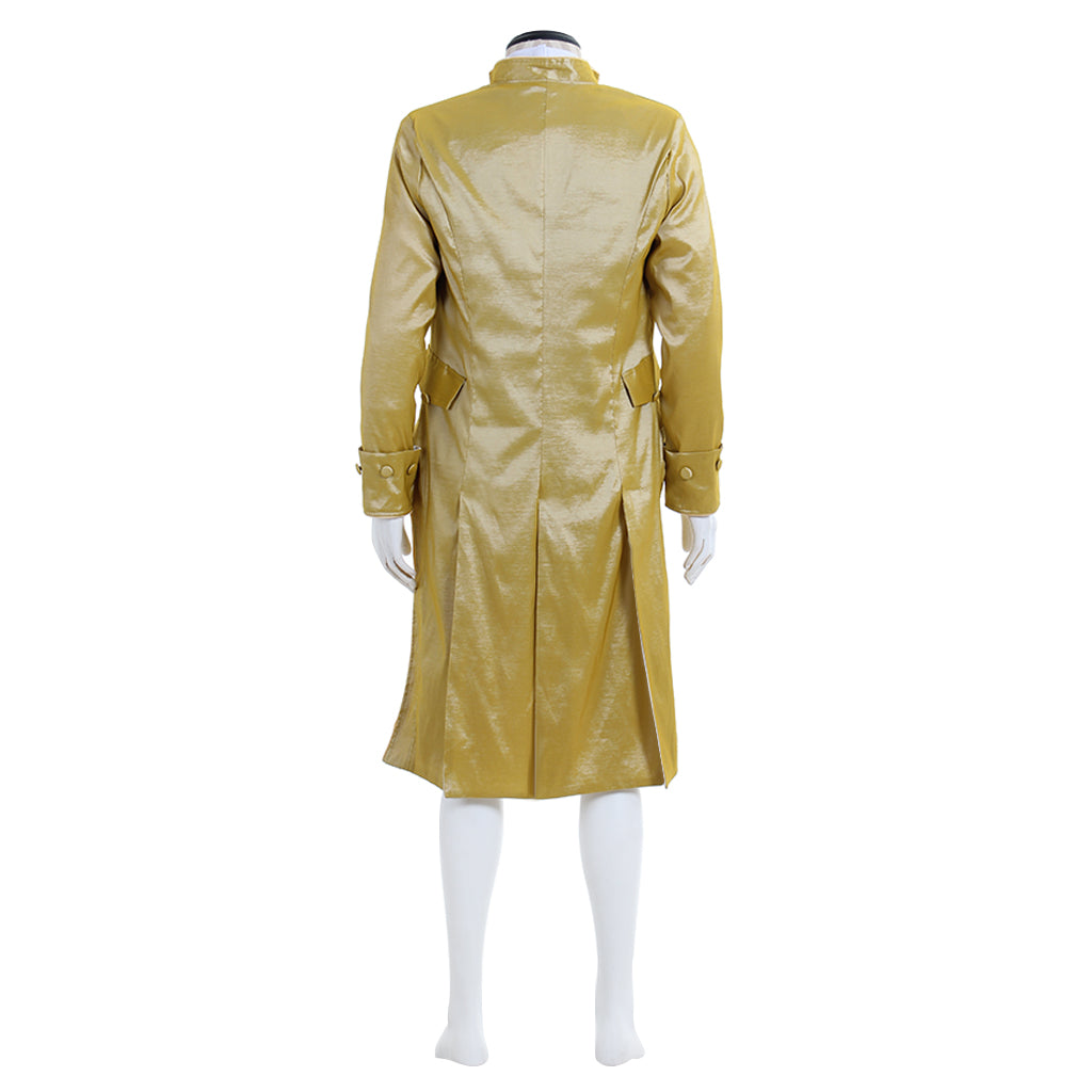 Medieval Men's Golden with White Ruffle and Blue Patterned Waistcoat Court Coat Costume for Cosplay Themed Events Halloween Christmas or Themed Parties