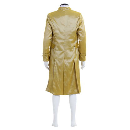 Medieval Men's Golden with White Ruffle and Blue Patterned Waistcoat Court Coat Costume for Cosplay Themed Events Halloween Christmas or Themed Parties