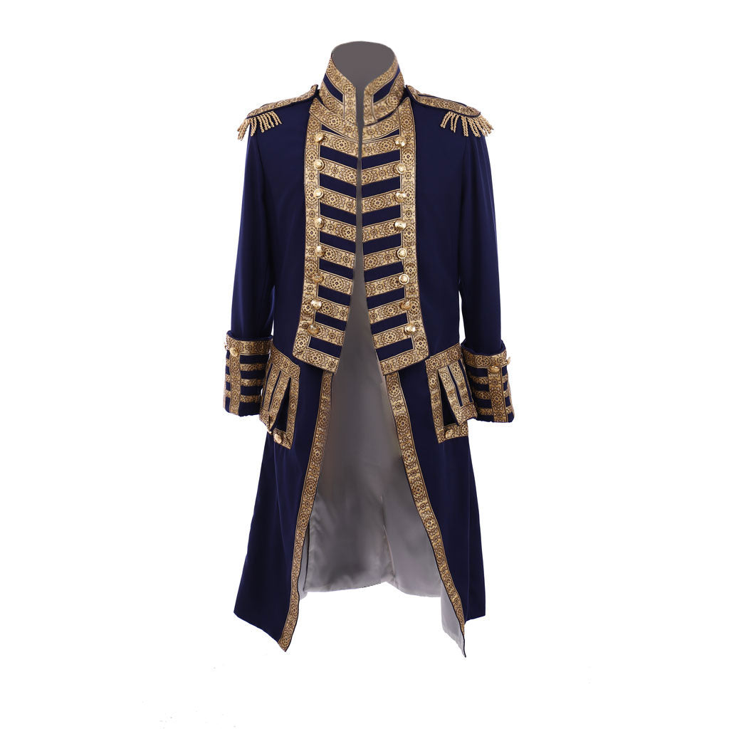 Medieval Men's Navy Blue and Gold Empire Military Coat with Ornate Gold Accents Cosplay Stage Costume Adult Halloween Christmas Party Themed Outfit