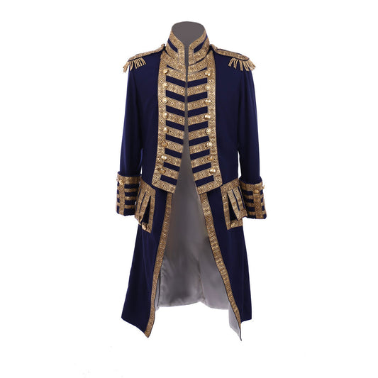 Medieval Men's Navy Blue and Gold Empire Military Coat with Ornate Gold Accents Cosplay Stage Costume Adult Halloween Christmas Party Themed Outfit