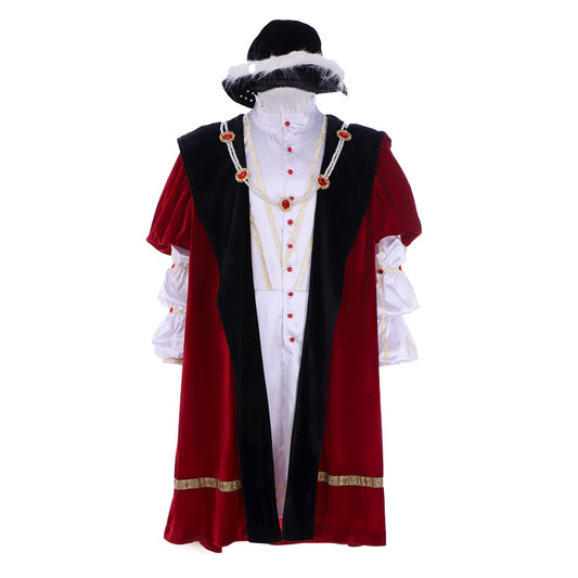 Tudor Noble Court Costume Crimson Velvet Robe with Black Panels Gold Trim Jeweled Accents Ruffled Sleeves and Black Feathered Hat for Historical Reenactments Halloween Christmas or Parties