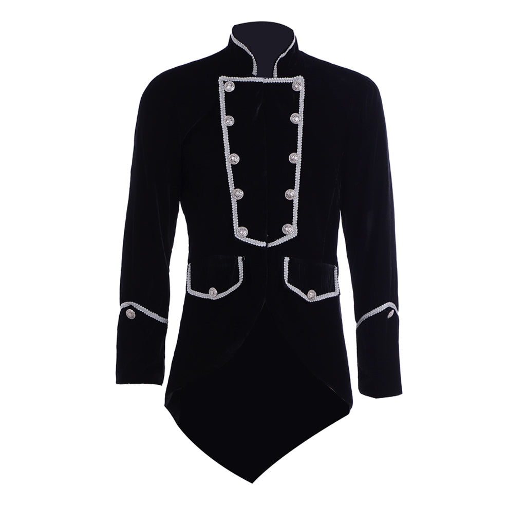 Medieval Military Officer Men's Black Coat with Silver Trim Ornate Silver Detailing and Buttons Costume for Historical Reenactments Cosplay Events or Halloween Christmas or Parties