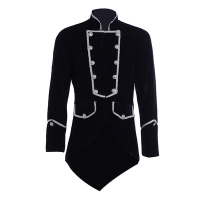 Medieval Military Officer Men's Black Coat with Silver Trim Ornate Silver Detailing and Buttons Costume for Historical Reenactments Cosplay Events or Halloween Christmas or Parties