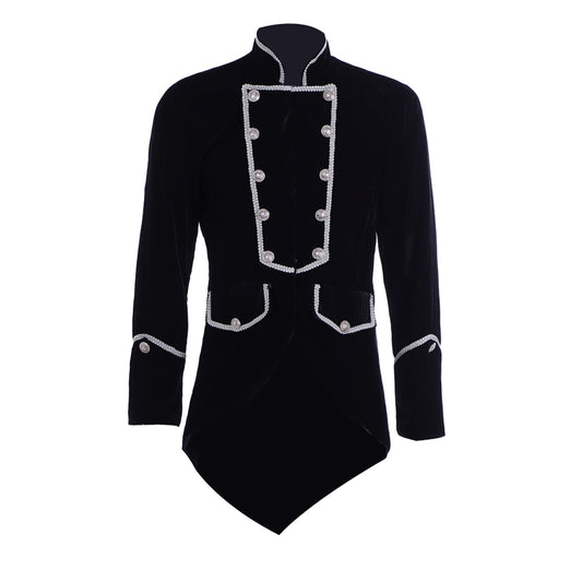 Medieval Military Officer Men's Black Coat with Silver Trim Ornate Silver Detailing and Buttons Costume for Historical Reenactments Cosplay Events or Halloween Christmas or Parties