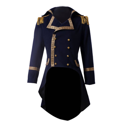 Medieval Men's Navy Blue with Gold Trim Military Tailcoat Costume for Cosplay Themed Events Halloween Christmas or Themed Parties