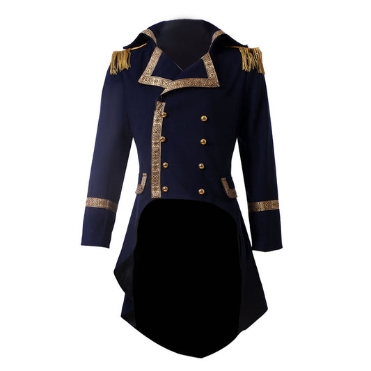 Medieval Men's Navy Blue with Gold Trim Military Tailcoat Costume for Cosplay Themed Events Halloween Christmas or Themed Parties