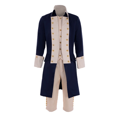 Medieval Men's Navy Blue Tailcoat with Gold  Tone Buttons and Beige Breeches Costume for Historical Reenactments, Cosplay Events or Halloween Parties