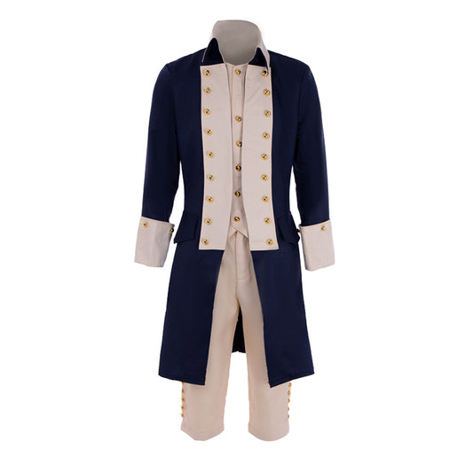 Medieval Men's Navy Blue Tailcoat with Gold  Tone Buttons and Beige Breeches Costume for Historical Reenactments, Cosplay Events or Halloween Parties