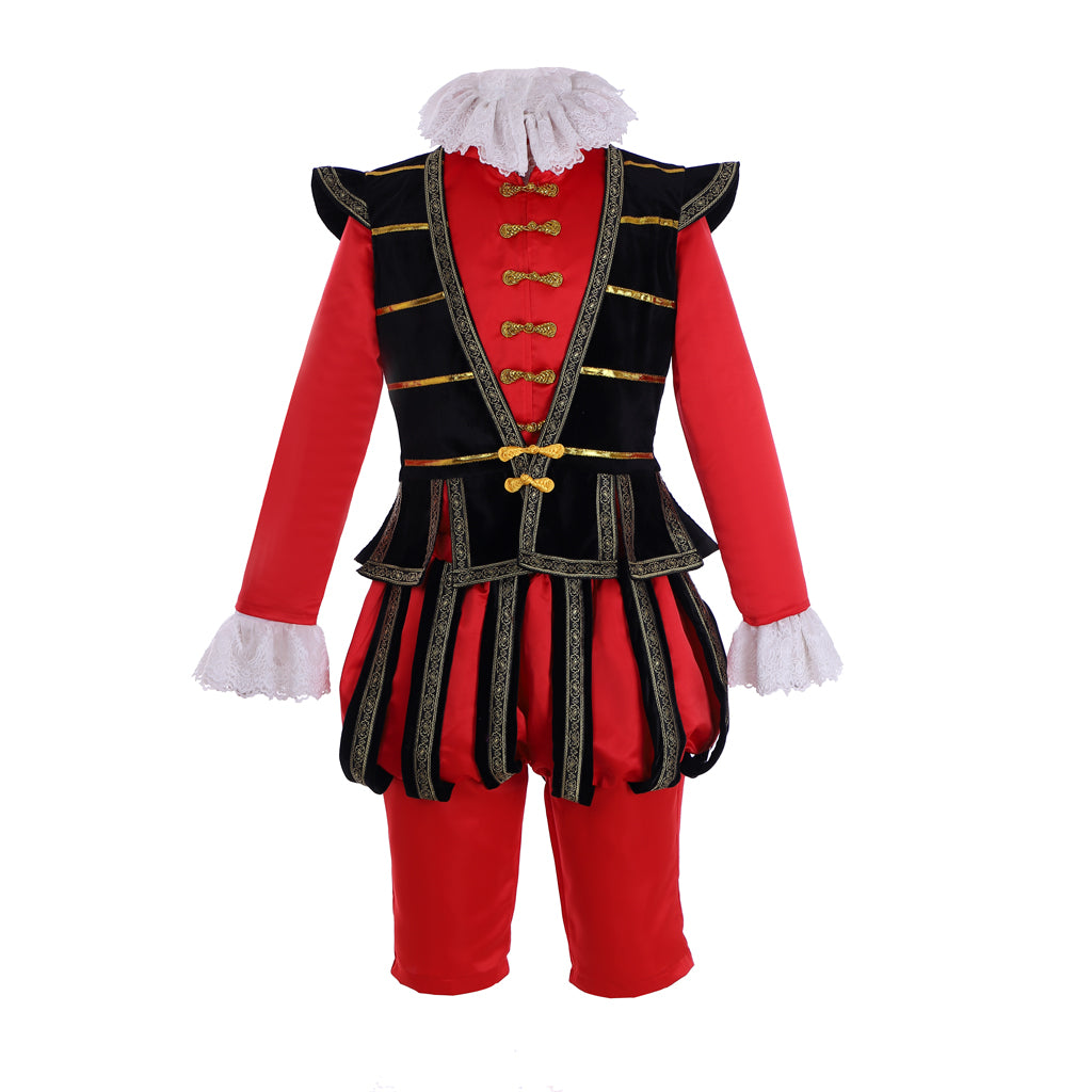 Tudor Noble Court Costume: Crimson Doublet with Black Trim Gold Lacing Ruffled Cuffs and Matching Breeches for Historical Reenactments Cosplay Events or Halloween Christmas or Parties