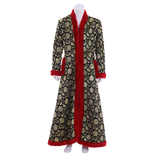 Medieval Victorian Men's Gold Patterned Red Trimmed Opulent Noble Court Long Coat Costume Cosplay Stage Outfit Adult Halloween Christmas Party Themed Outfit