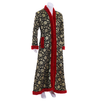 Medieval Victorian Men's Gold Patterned Red Trimmed Opulent Noble Court Long Coat Costume Cosplay Stage Outfit Adult Halloween Christmas Party Themed Outfit